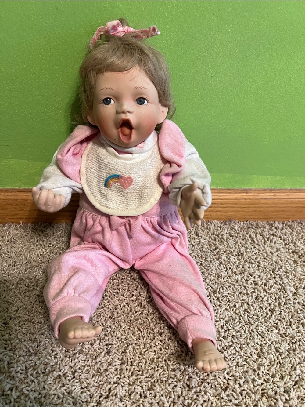 Ashton Drake Pink Baby Doll with Bib  Feeding Myself